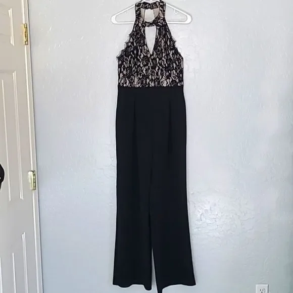 Francescas Black Lace Halter Jumpsuit Wide Leg Formal Chic Size M Y2K Cocktail - Picture 16 of 16